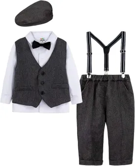A&J DESIGN 5pcs Baby Boys Suit, 12 Months - 3T, Shirt & Pants & Vest & Hat & Bow Tie