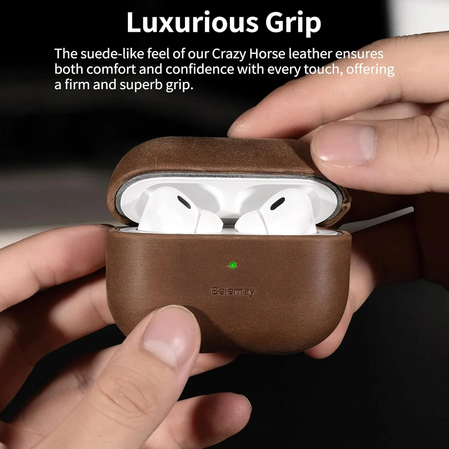Belemay for AirPods Pro (2nd Generation) Case  Premium Crazy Horse Leather - Rich Patina- Secure Grip - Compatible with MagSafe and Wireless Charging - Compatible with Airpods Pro 2 Case - Brown