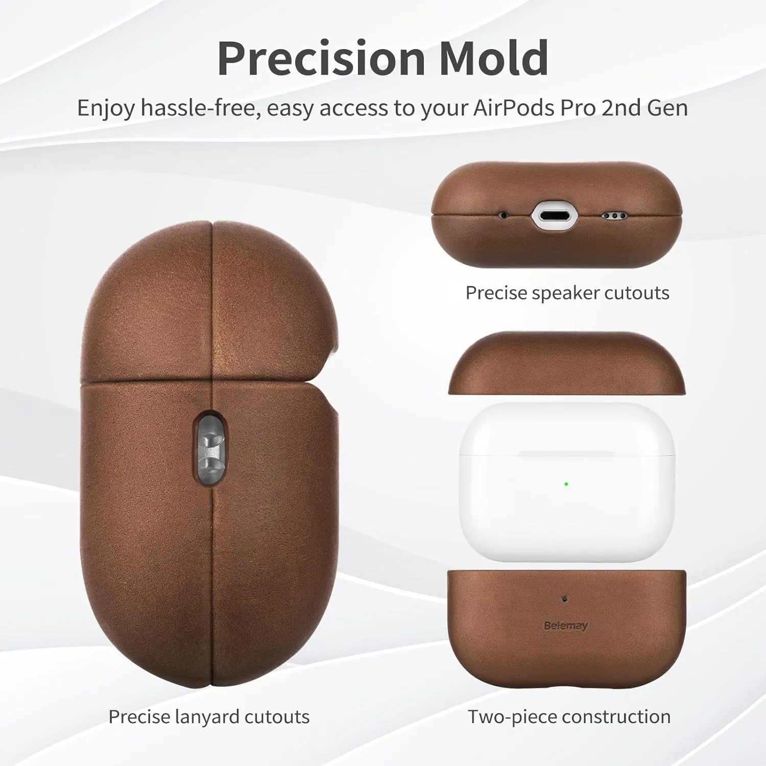 Belemay for AirPods Pro (2nd Generation) Case  Premium Crazy Horse Leather - Rich Patina- Secure Grip - Compatible with MagSafe and Wireless Charging - Compatible with Airpods Pro 2 Case - Brown