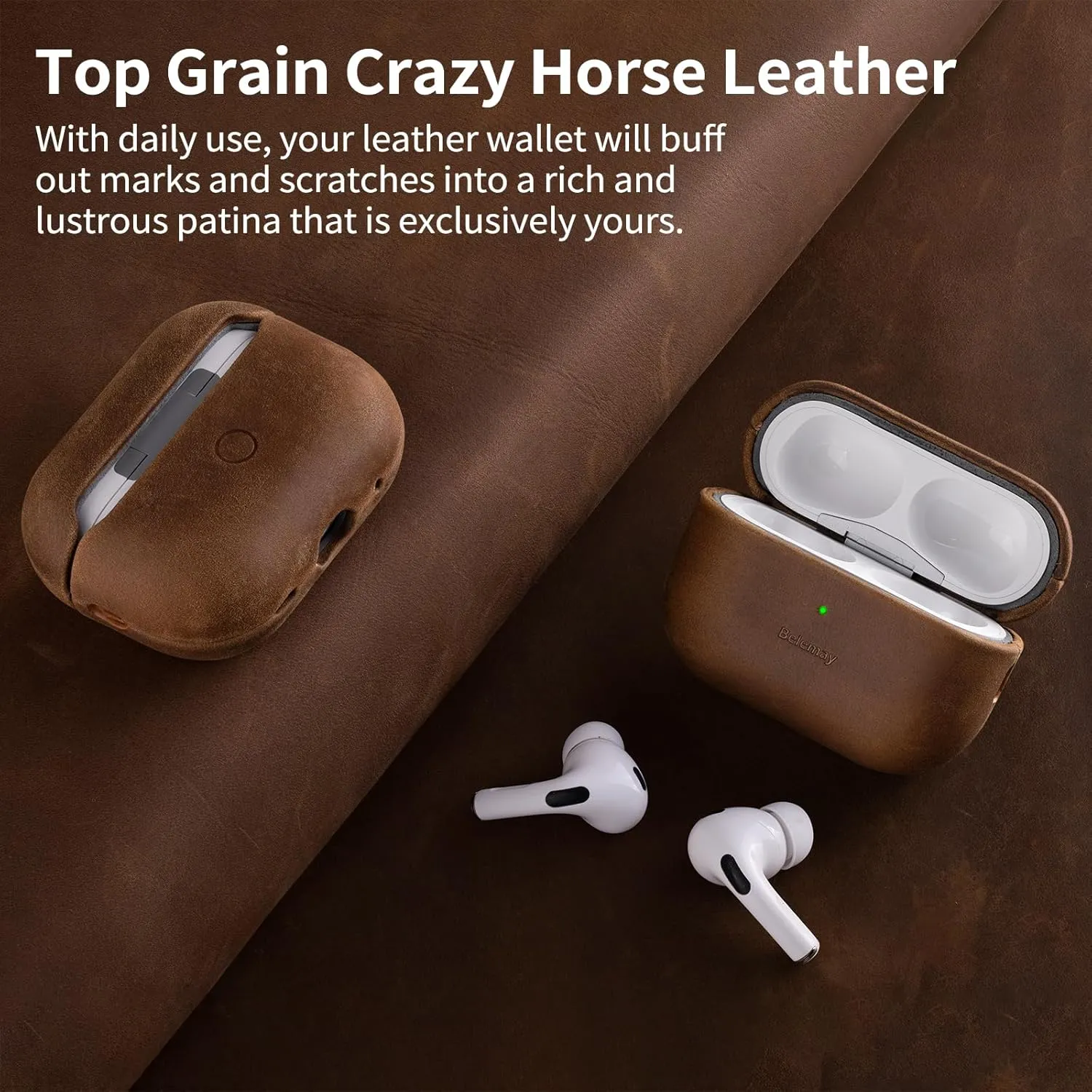 Belemay for AirPods Pro (2nd Generation) Case  Premium Crazy Horse Leather - Rich Patina- Secure Grip - Compatible with MagSafe and Wireless Charging - Compatible with Airpods Pro 2 Case - Brown