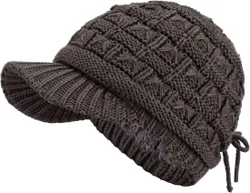 BYOS Womens Winter Chic Cable Warm Fleece Lined Crochet Knit Hat W/Visor Newsboy Cabbie Cap