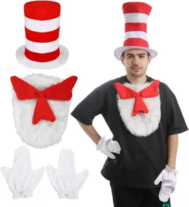Cat Hat Costume Accessories Adult, Red White Striped Top Hat Furry Bowtie Gloves for Men Women World Book Day Halloween Party Dress Up