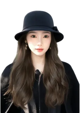 Cloche Bucket Hat with Long Curly Hair Extensions Lady Fedora Hat Wig Vintage Top Cap Attached Synthetic Hairpiece (Black Brown)