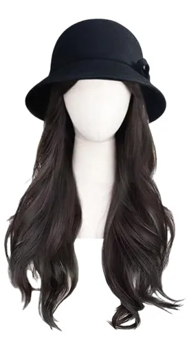 Cloche Bucket Hat with Long Curly Hair Extensions Lady Fedora Hat Wig Vintage Top Cap Attached Synthetic Hairpiece (Black)