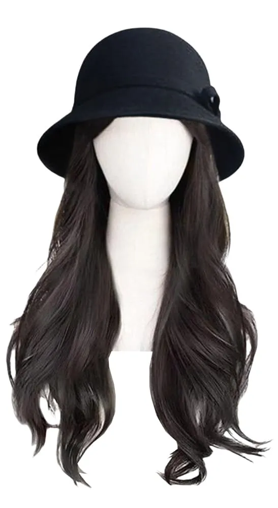 Cloche Bucket Hat with Long Curly Hair Extensions Lady Fedora Hat Wig Vintage Top Cap Attached Synthetic Hairpiece (Black)