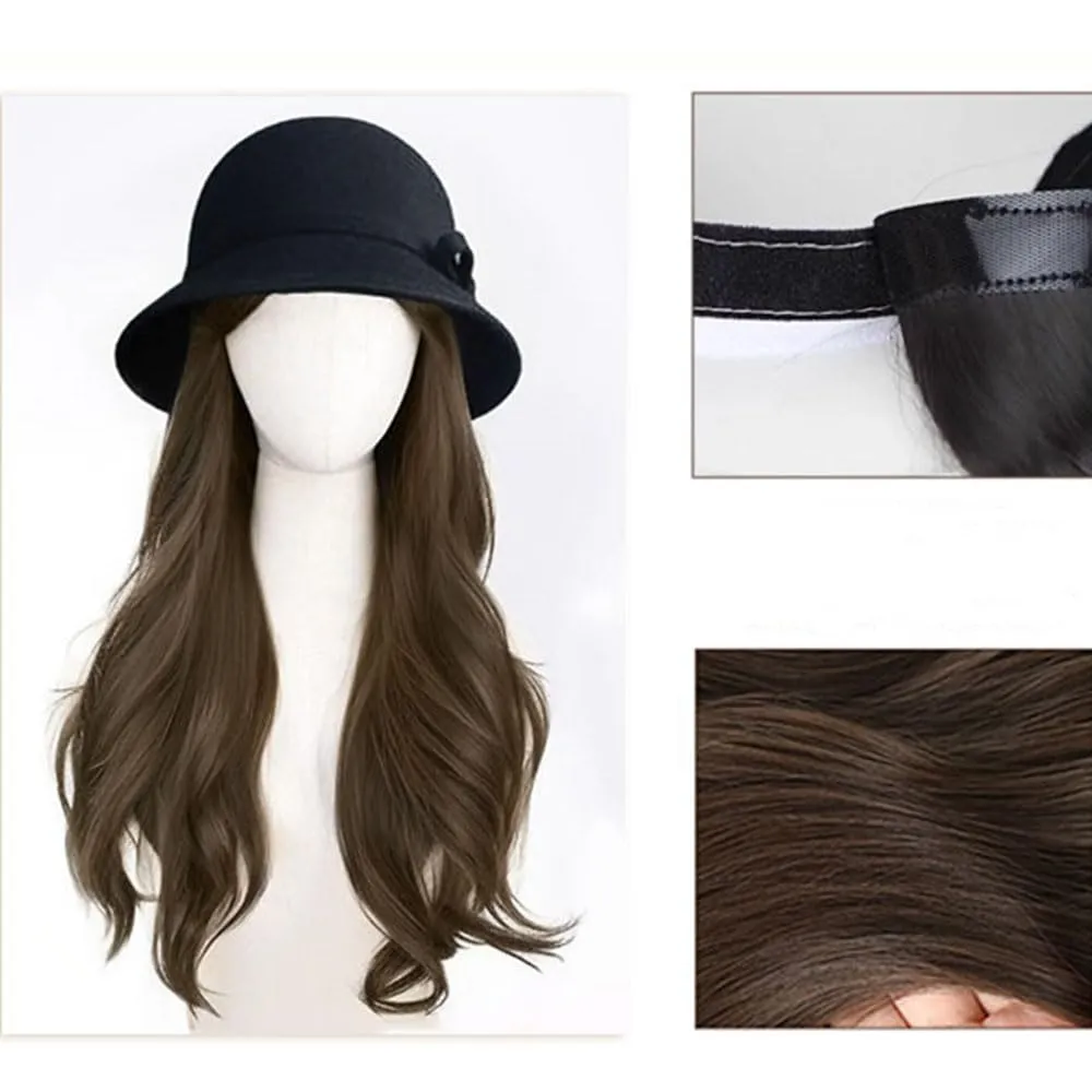 Cloche Bucket Hat with Long Curly Hair Extensions Lady Fedora Hat Wig Vintage Top Cap Attached Synthetic Hairpiece (Black)