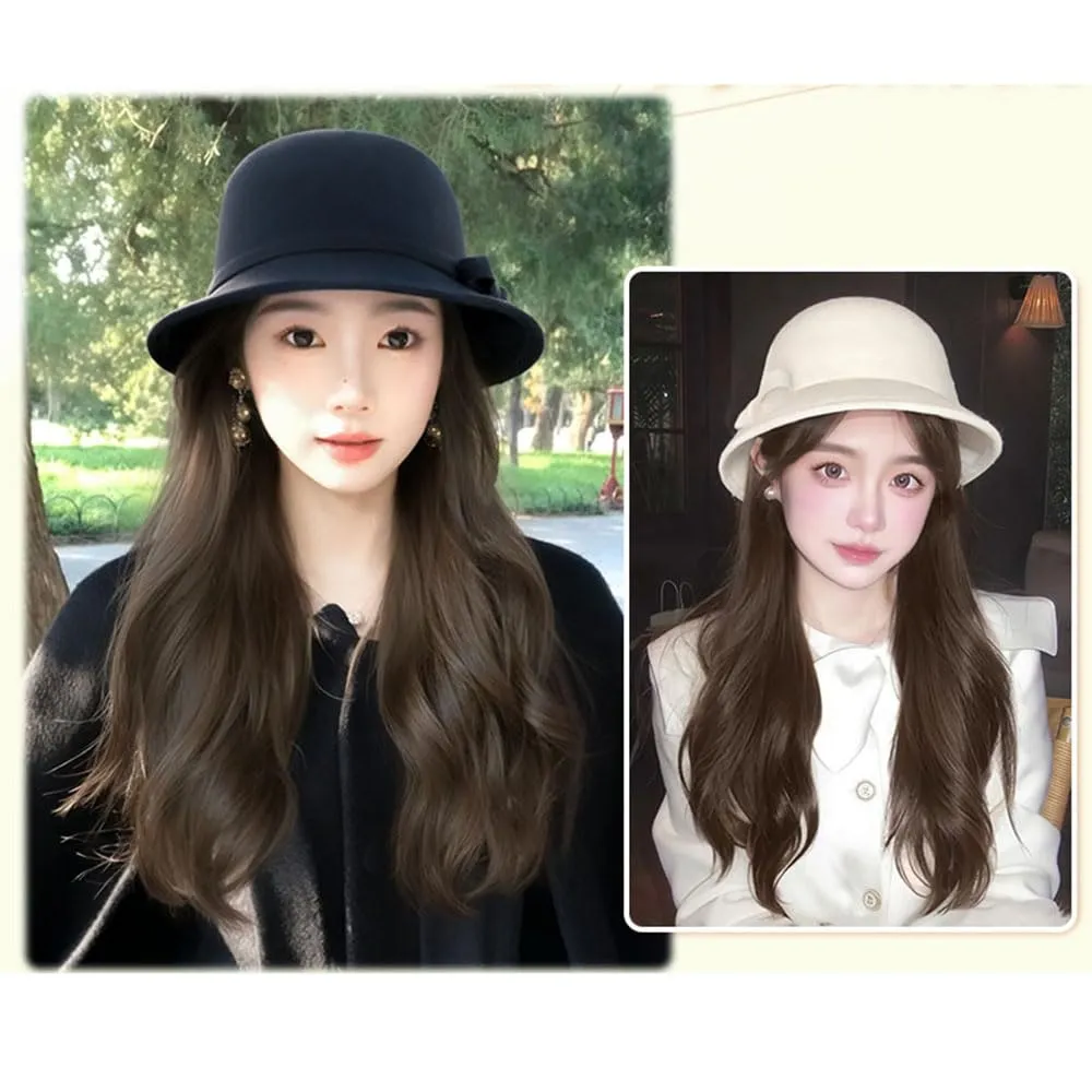 Cloche Bucket Hat with Long Curly Hair Extensions Lady Fedora Hat Wig Vintage Top Cap Attached Synthetic Hairpiece (Black)