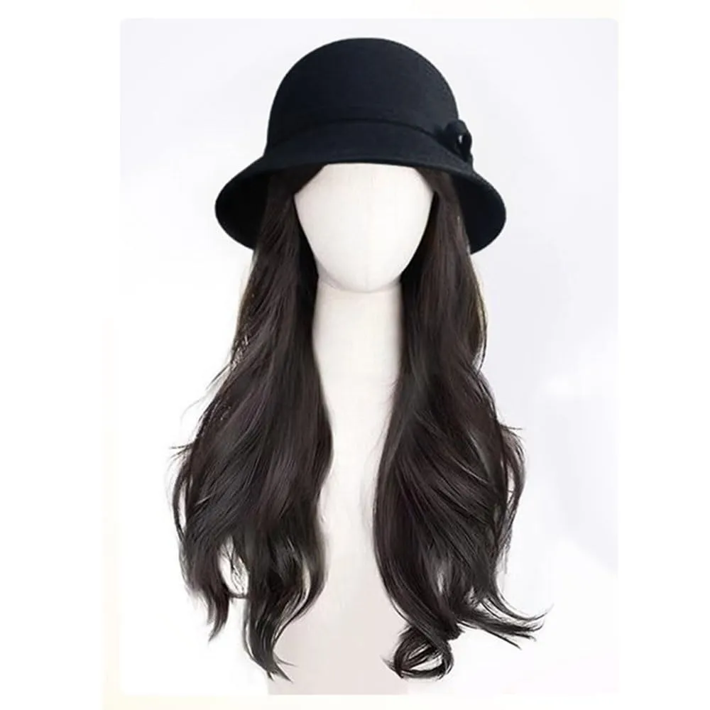 Cloche Bucket Hat with Long Curly Hair Extensions Lady Fedora Hat Wig Vintage Top Cap Attached Synthetic Hairpiece (Black)