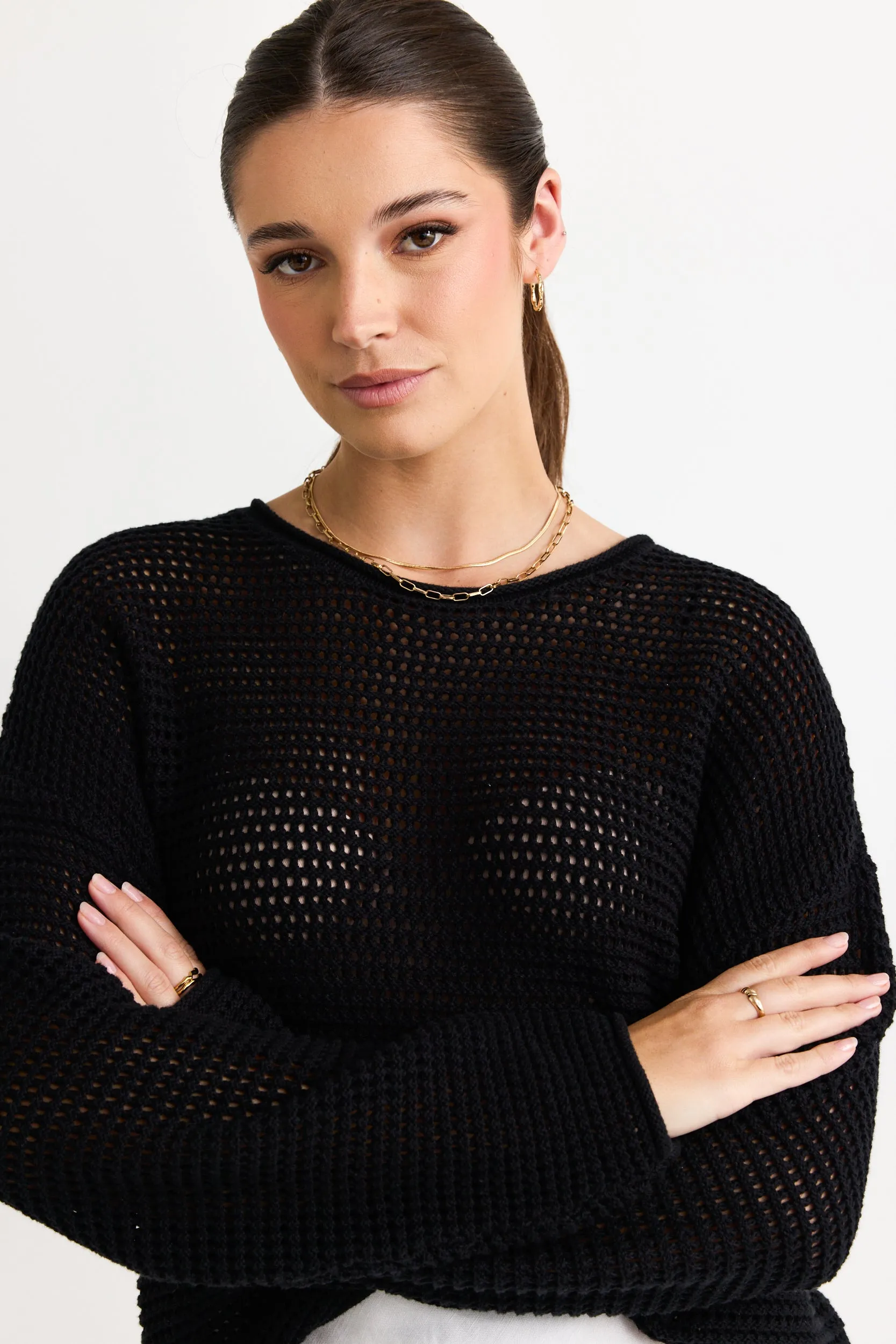 Dawn Black Crochet Knit Jumper