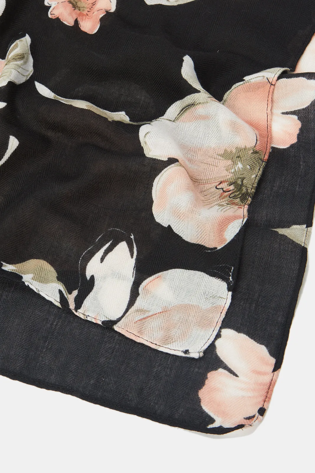 Girls Black Floral Printed Scarf