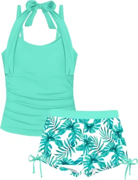 Girls Swimsuit 2 Piece Halterneck Girls Tankini Swimsuit Drawstring Printed Swim Shorts Girl Bathing Suit for 7-16T