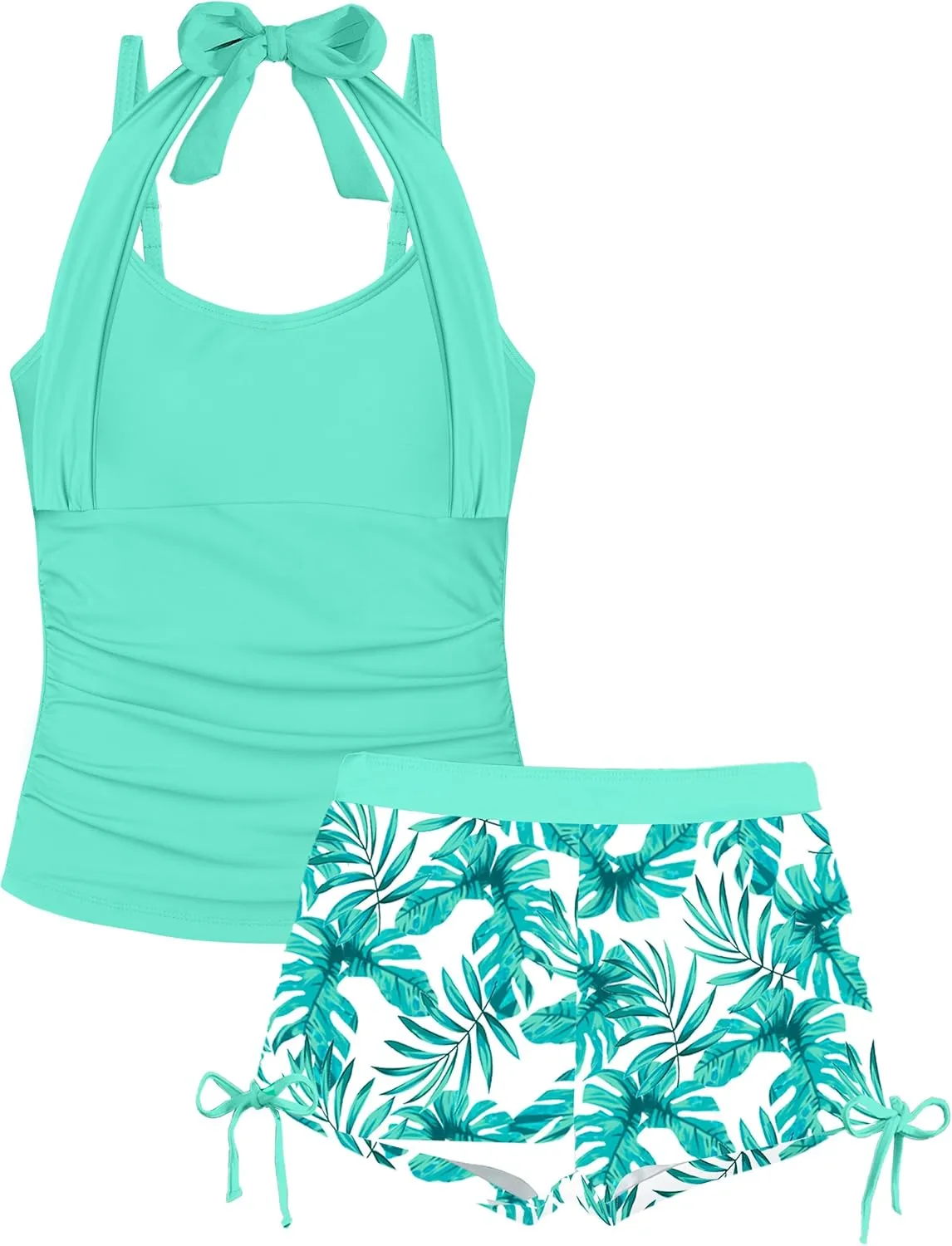 Girls Swimsuit 2 Piece Halterneck Girls Tankini Swimsuit Drawstring Printed Swim Shorts Girl Bathing Suit for 7-16T