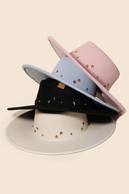 Ivory Gold Star Studded Fedora Western Bohemian Festival Hat