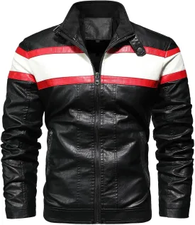 Mens Leather Jacket Color Block Moto Jacket Windproof Zip up Jacket Faux Leather Winter Coat with Pockets