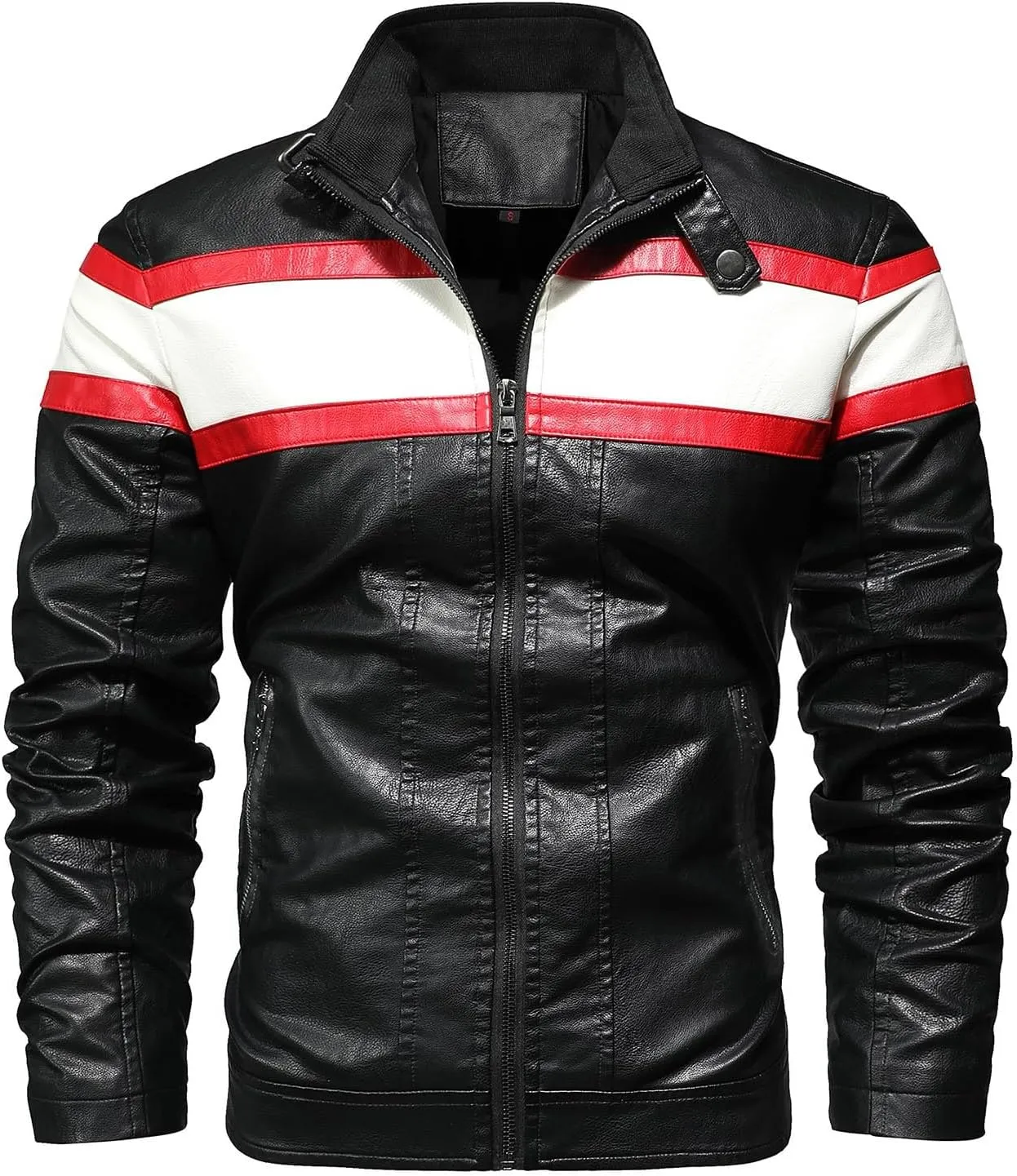 Mens Leather Jacket Color Block Moto Jacket Windproof Zip up Jacket Faux Leather Winter Coat with Pockets