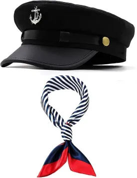 Men's Yacht Captain Skipper Anchor Hat with Sailor Scarf, Newsboy Cap Hat Cabbie Paperboy Beret Cap