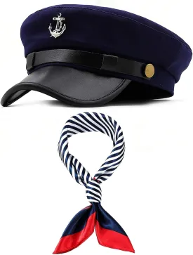 Men's Yacht Captain Skipper Anchor Hat with Sailor Scarf, Newsboy Cap Hat Cabbie Paperboy Beret Cap