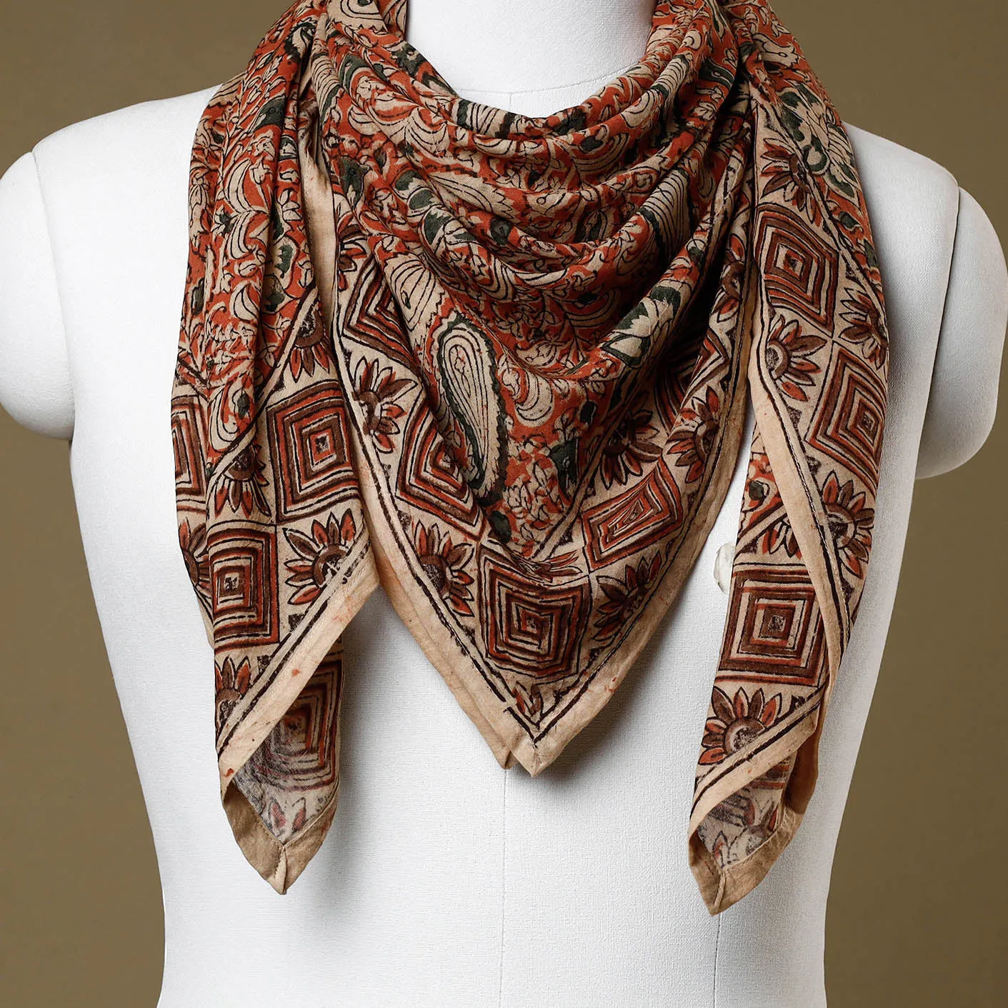 Orange - Original Pedana Kalamkari Block Printed Cotton Scarf
