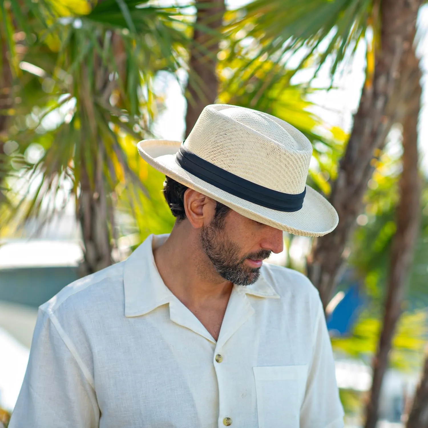 Panama Jack Gambler Straw Hat - Lightweight, 3" Big Brim, Inner Elastic Sweatband, 3-Pleat Ribbon Hat Band