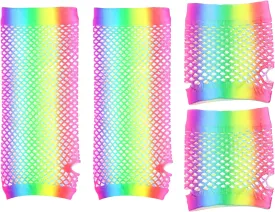 PENTA ANGEL 2 Pairs Neon Stretchy Mesh Fishnet Fingerless Gloves for Women Girls 80s 90s Halloween Party Costume Cosplay
