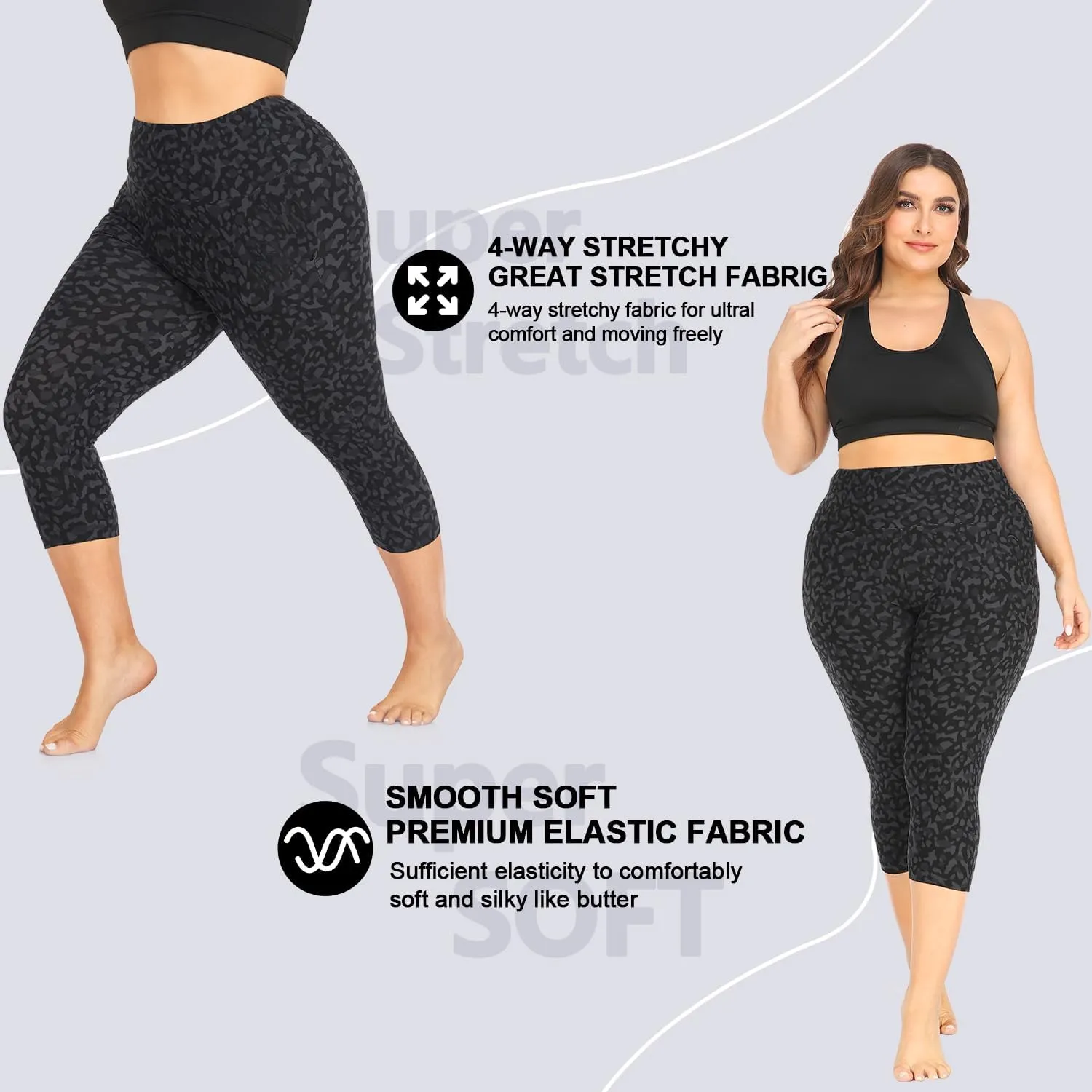Plus Size Capri Leggings for Women- XL-4XL High Waist Tummy Control Stretchy Workout Yoga Pants Plus Capris