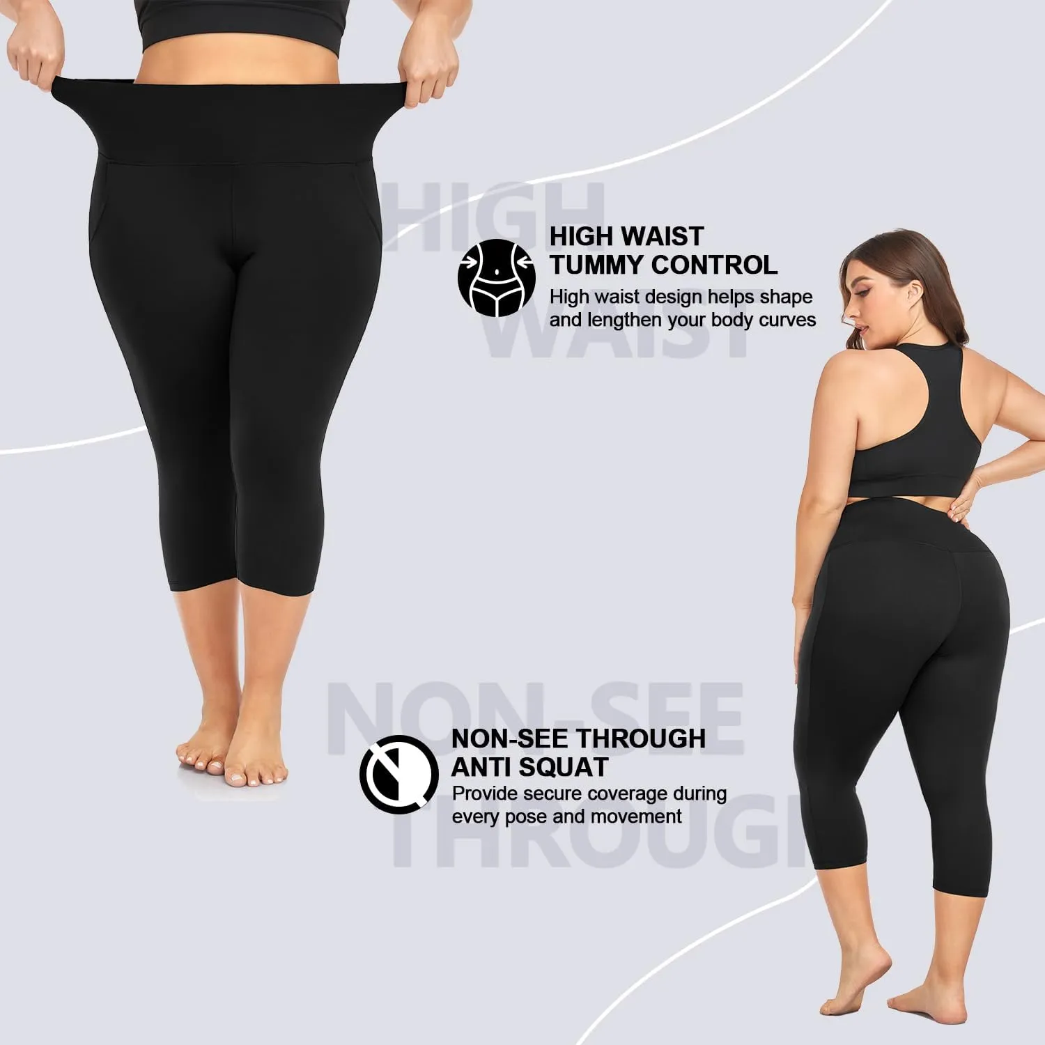 Plus Size Capri Leggings for Women- XL-4XL High Waist Tummy Control Stretchy Workout Yoga Pants Plus Capris