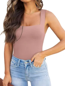 REORIA Butsmooth Womens Basic Sexy Square Neck Sleeveless Tank Tops Bodysuits Clubwear