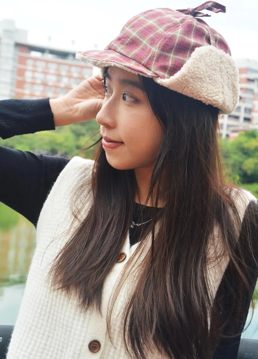 Reversible Winter Hat with Ear Flaps for Men Women,Ladies Plaid Hat with Ear Flaps,Lamb Wool Lining Flannel Beanie