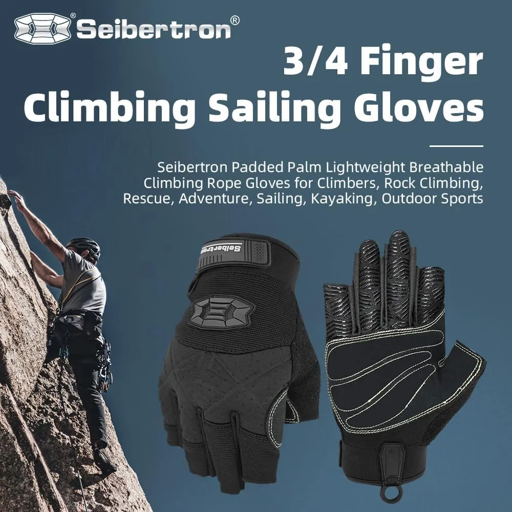 Seibertron Full or Half Finger Padded Palm Lightweight Breathable Climbing Rope Gloves for Climbers, Rock Climbing, Rescue, Adventure, Sailing, Kayaking, Outdoor Sports