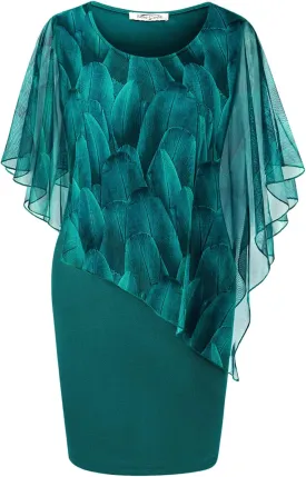 SeSe Code Women's Mesh Cape Overlay Bodycon Knee Length Pencil Dress for Wedding Guest
