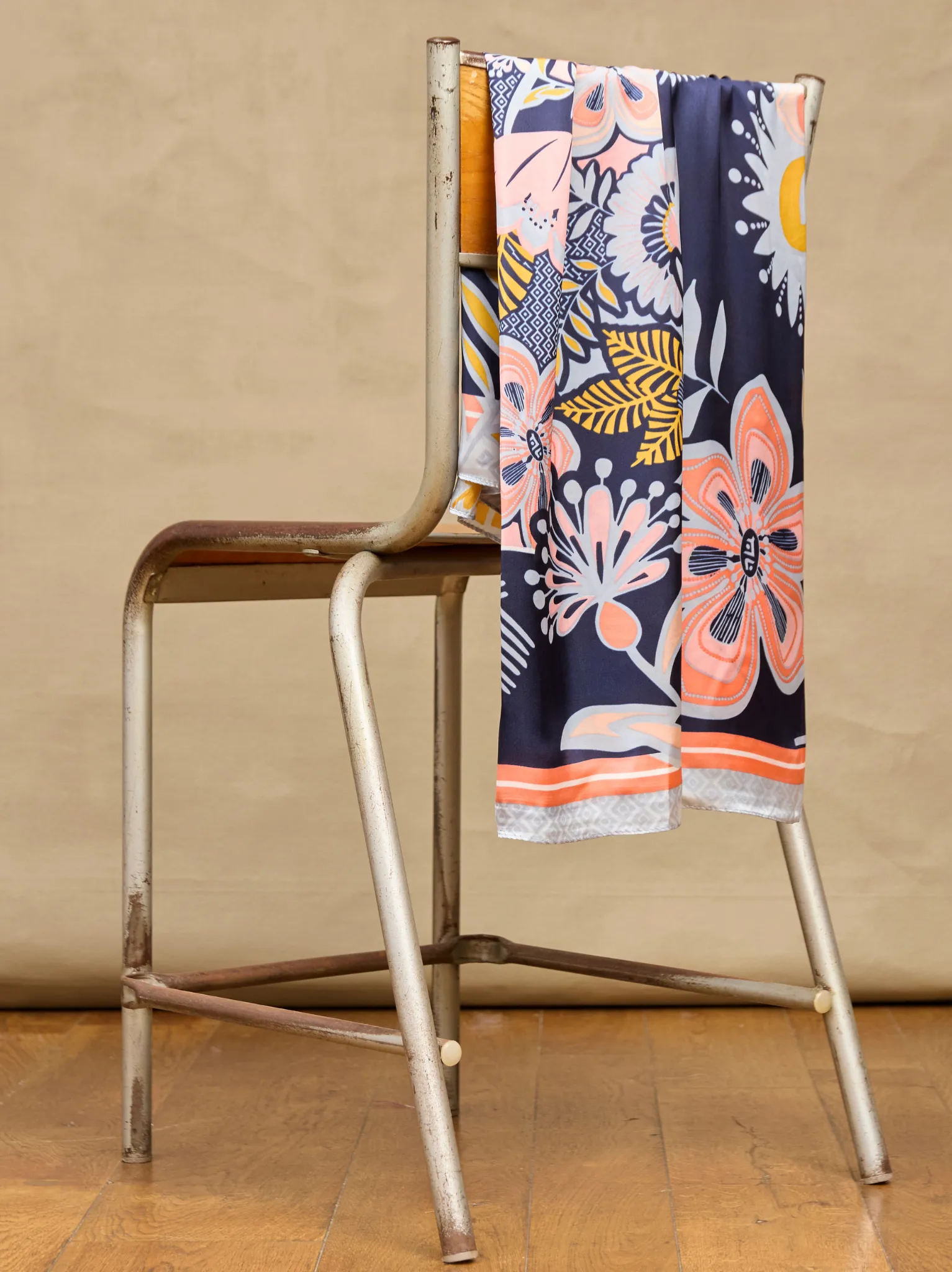 Tropical Print Silk Feel Scarf - Blue/Pink