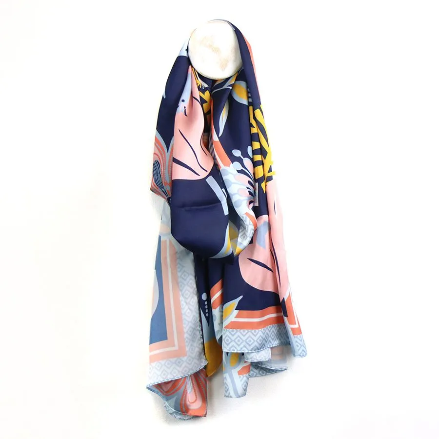 Tropical Print Silk Feel Scarf - Blue/Pink