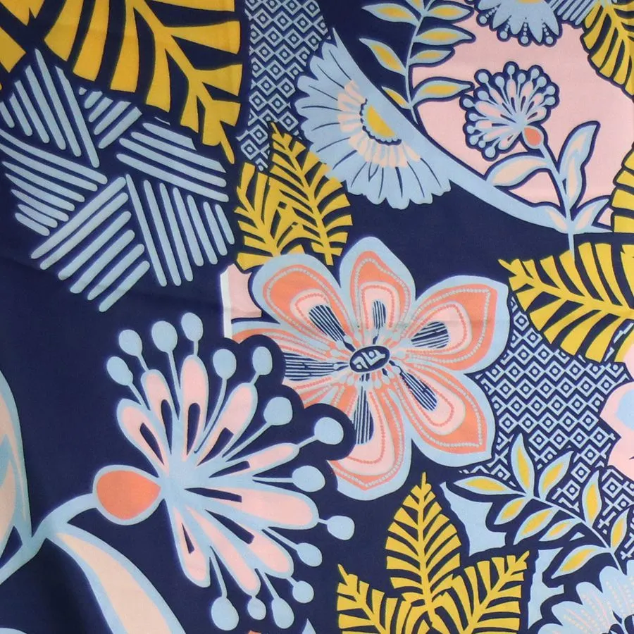 Tropical Print Silk Feel Scarf - Blue/Pink