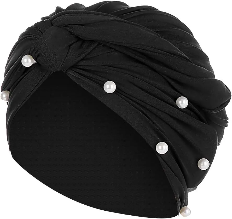 Turban for Women's Hair Pre-Tied Bonnet Beanie Cap Elastic Stretchy Headband Solid Color Pearls Hair Wrap Cap