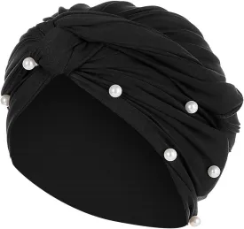 Turban for Women's Hair Pre-Tied Bonnet Beanie Cap Elastic Stretchy Headband Solid Color Pearls Hair Wrap Cap