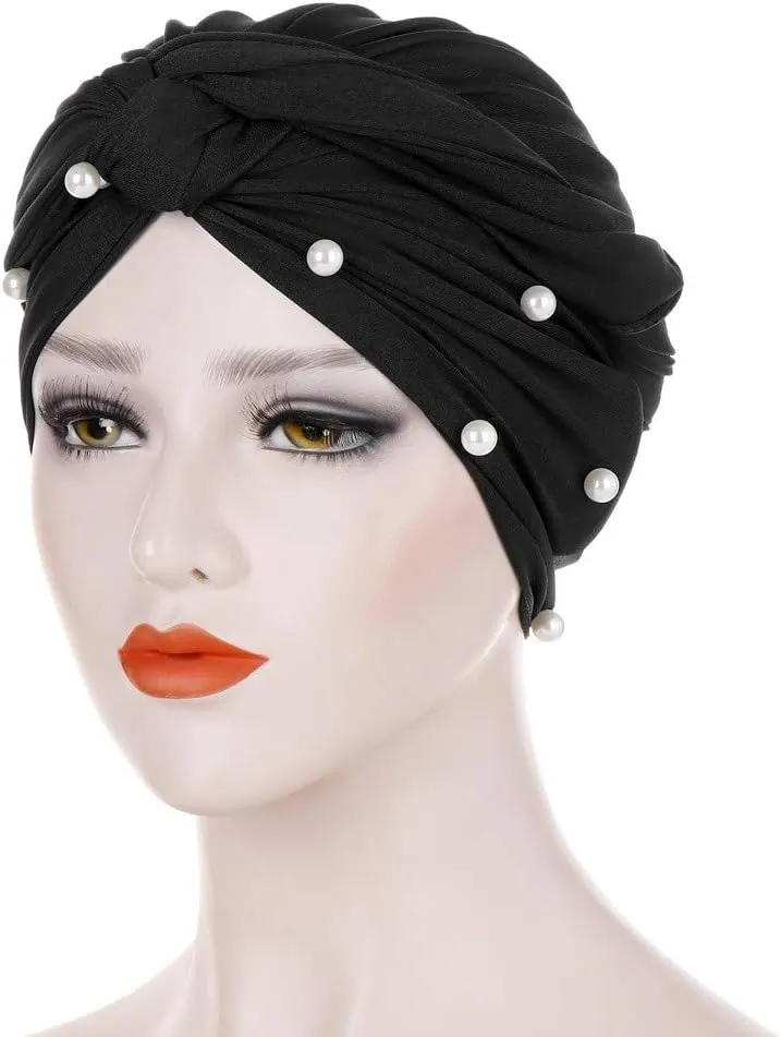 Turban for Women's Hair Pre-Tied Bonnet Beanie Cap Elastic Stretchy Headband Solid Color Pearls Hair Wrap Cap