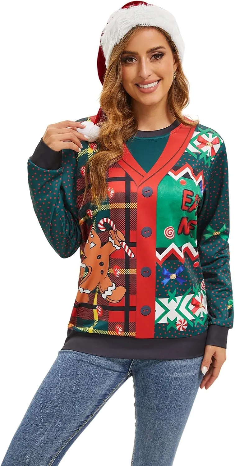 Ugly Christmas Sweater Women Men Novelty 3D Funny Pullover Crewneck Sweatshirt with Santa Hat for Party