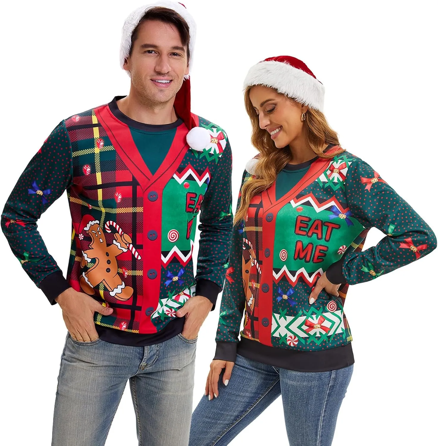 Ugly Christmas Sweater Women Men Novelty 3D Funny Pullover Crewneck Sweatshirt with Santa Hat for Party