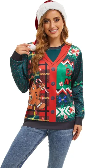 Ugly Christmas Sweater Women Men Novelty 3D Funny Pullover Crewneck Sweatshirt with Santa Hat for Party