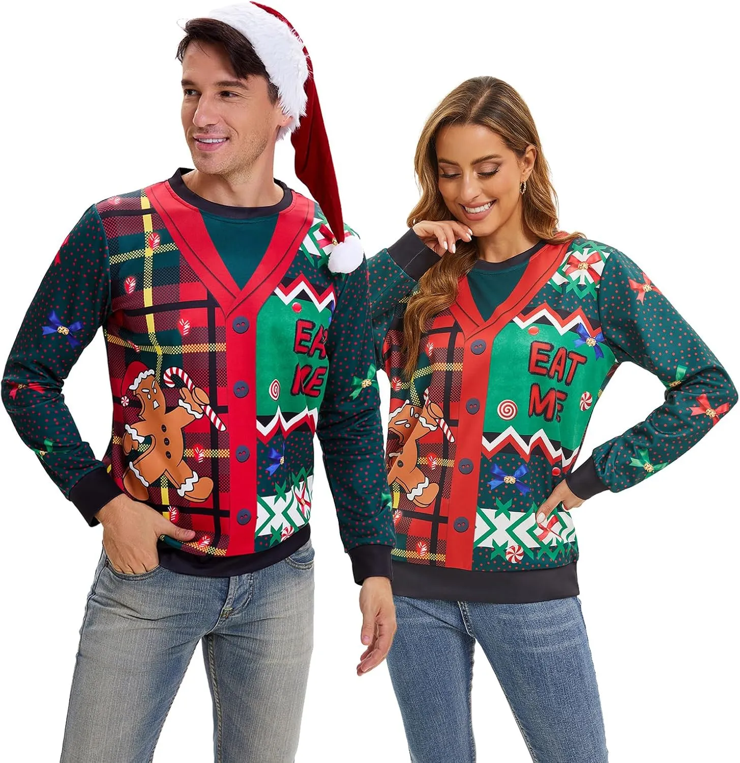 Ugly Christmas Sweater Women Men Novelty 3D Funny Pullover Crewneck Sweatshirt with Santa Hat for Party