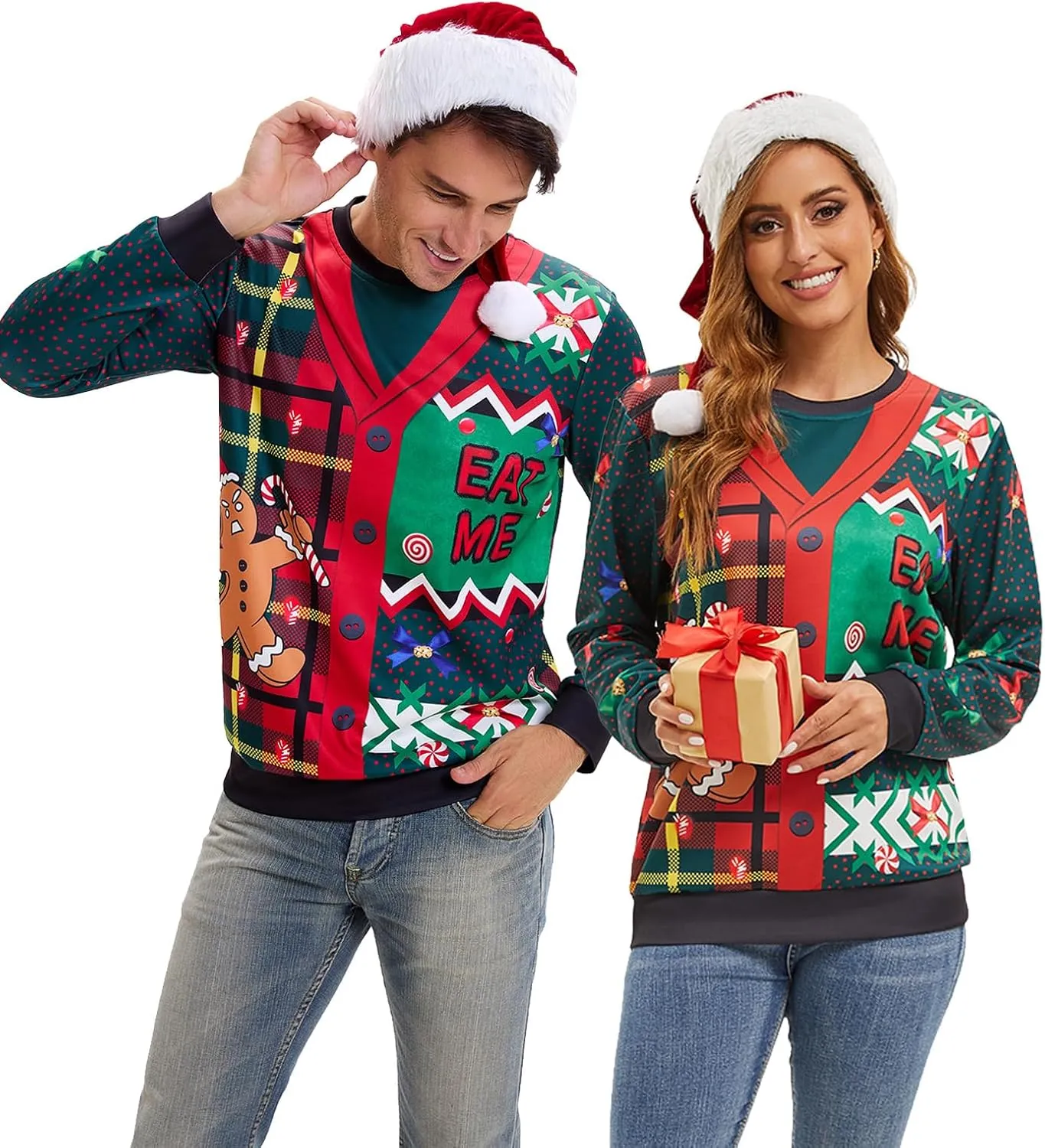 Ugly Christmas Sweater Women Men Novelty 3D Funny Pullover Crewneck Sweatshirt with Santa Hat for Party