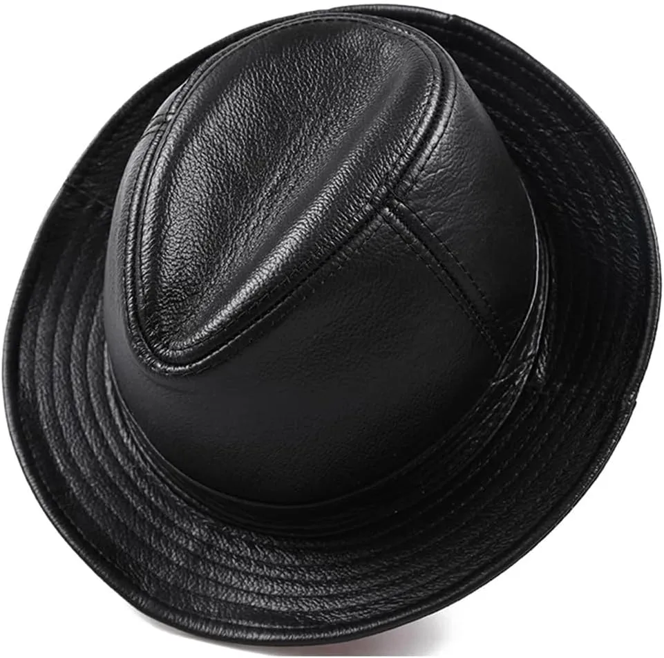 Vogrtcc Men Genuine Leather Fedora Hat Gentleman Short Brim Hat