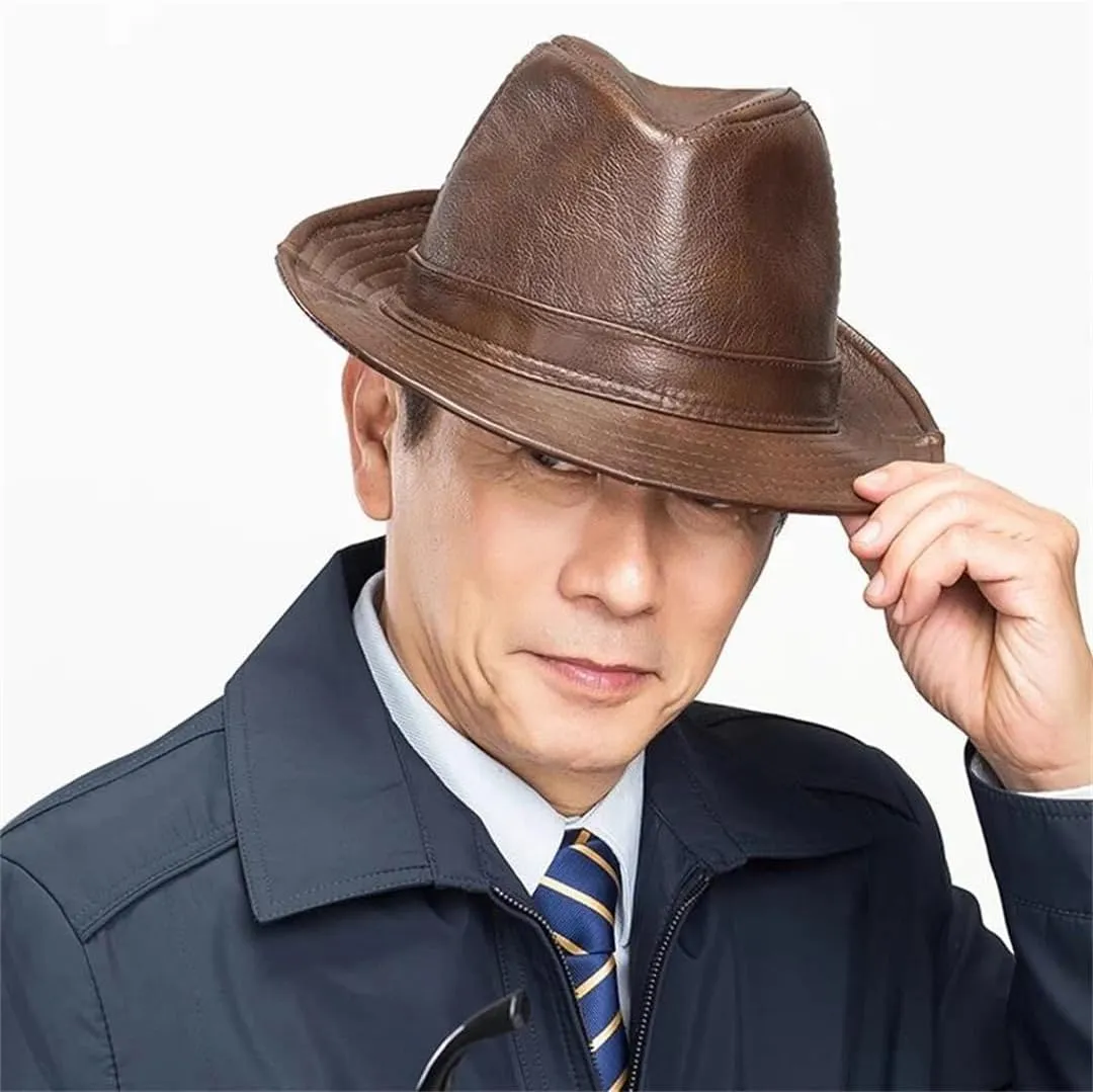 Vogrtcc Men Genuine Leather Fedora Hat Gentleman Short Brim Hat