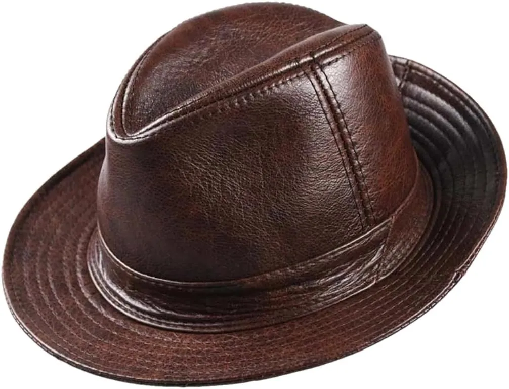 Vogrtcc Men Genuine Leather Fedora Hat Gentleman Short Brim Hat