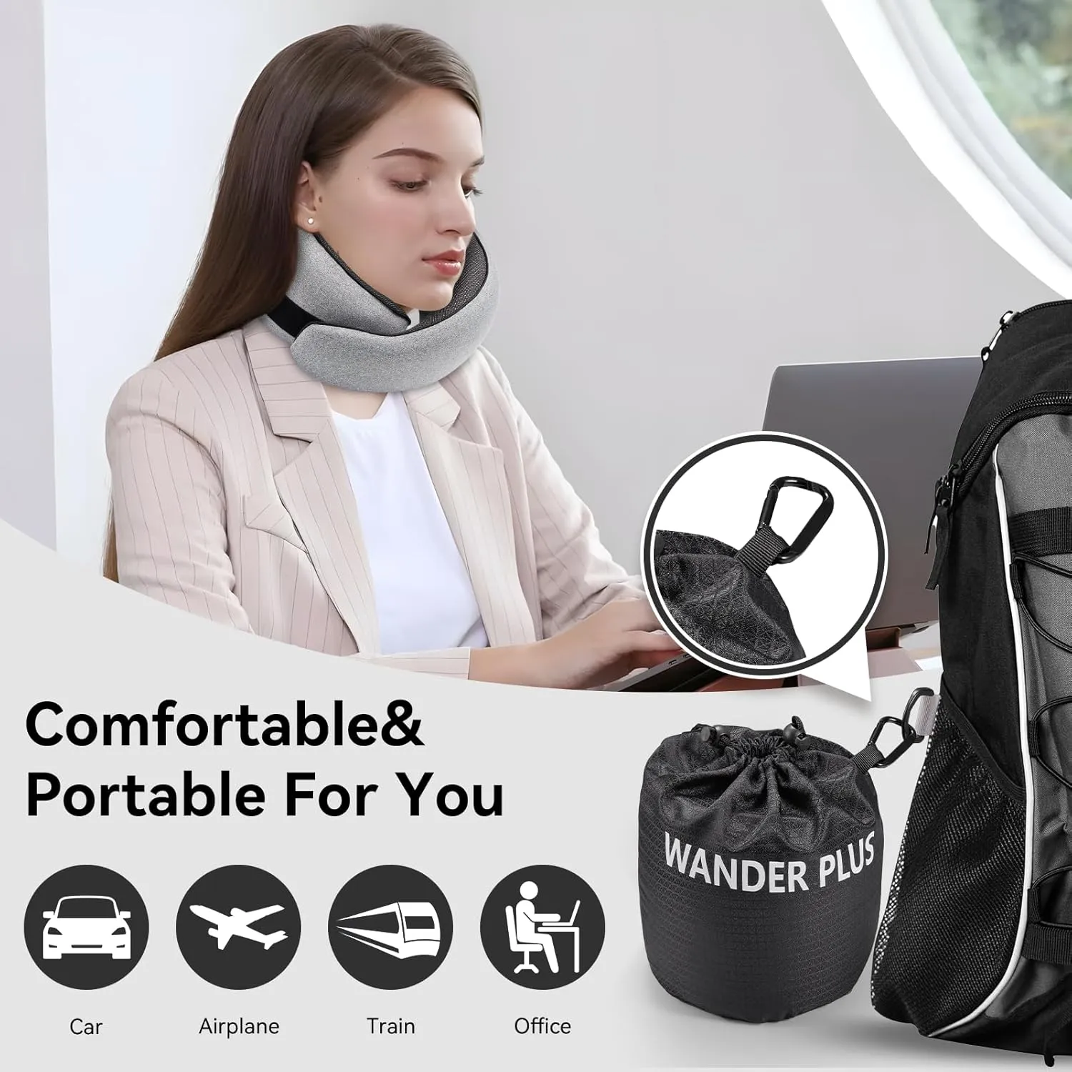 WANDER PLUS Travel Pillow, 100% Pure Memory Foam Travel Neck Pillow Airplane Neck Support Ergonomic Design Best for Sleeping Plane Car Train Office Flight for Adults Grey