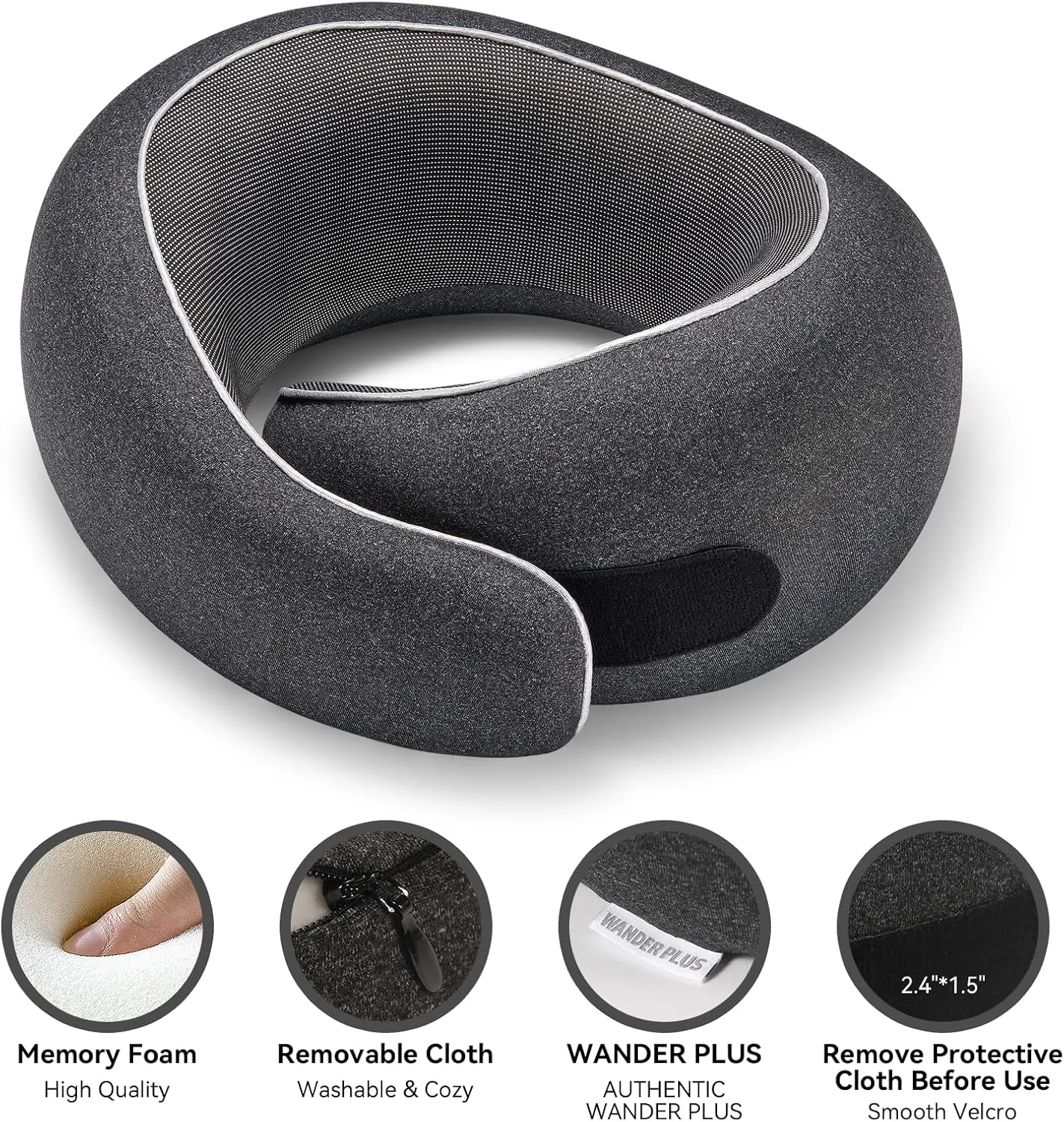 WANDER PLUS Travel Pillow, 100% Pure Memory Foam Travel Neck Pillow Airplane Neck Support Ergonomic Design Best for Sleeping Plane Car Train Office Flight for Adults Grey