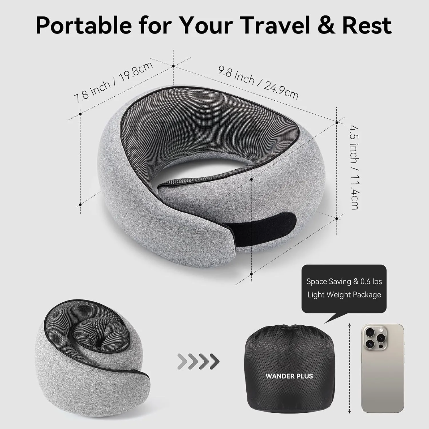 WANDER PLUS Travel Pillow, 100% Pure Memory Foam Travel Neck Pillow Airplane Neck Support Ergonomic Design Best for Sleeping Plane Car Train Office Flight for Adults Grey