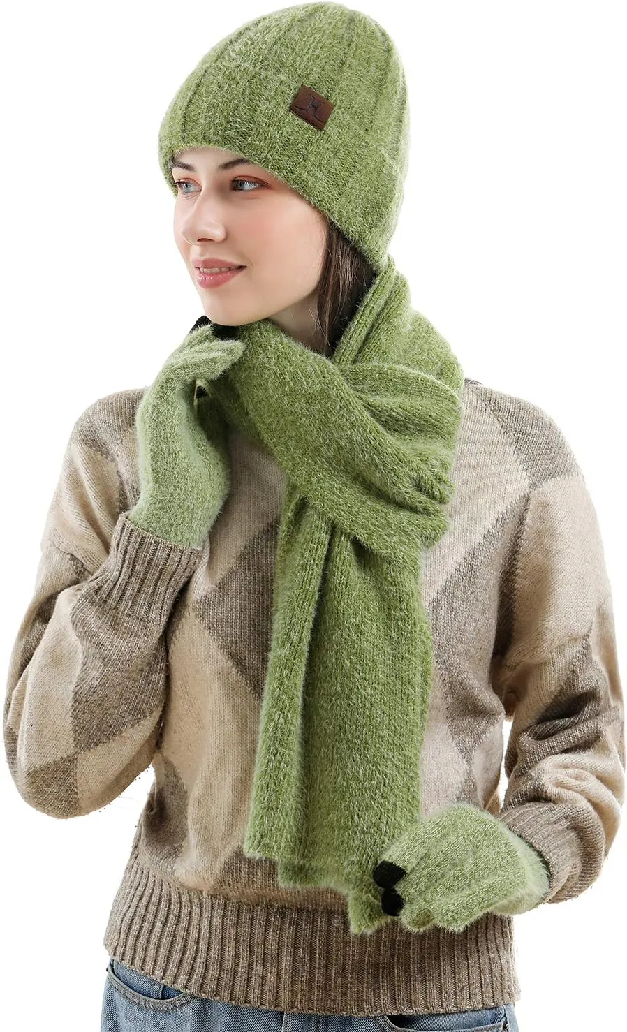 Womens Winter Warm Knit Beanie Hat Touchscreen Gloves Long Neck Scarf Set with Fleece Lined Skull Caps Gifts for Women