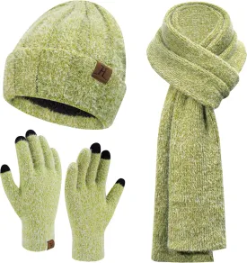 Womens Winter Warm Knit Beanie Hat Touchscreen Gloves Long Neck Scarf Set with Fleece Lined Skull Caps Gifts for Women