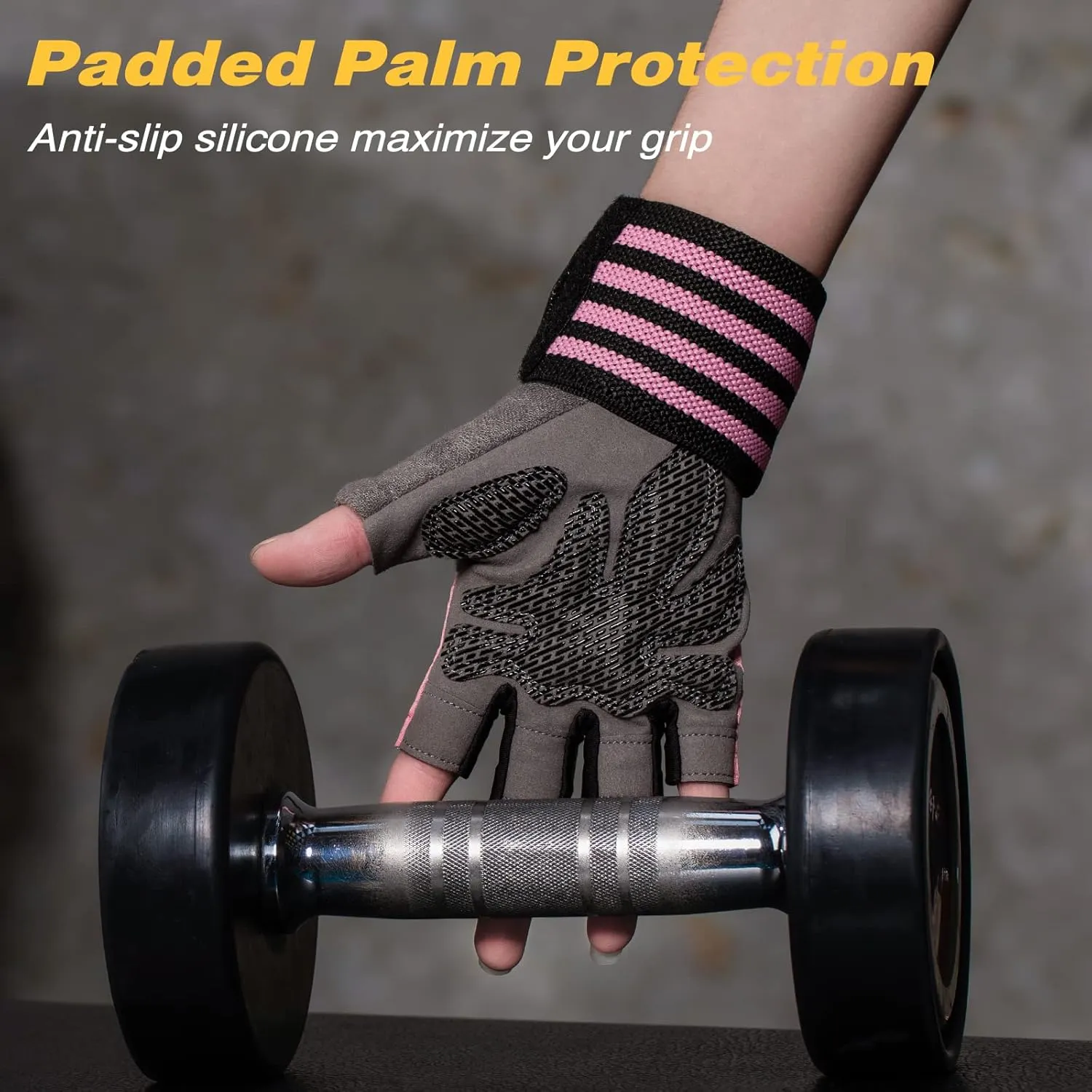 Workout Gloves with Wrist Wrap Support for Men & Women, Weight Lifting Gloves Anti-Slip Padded Palm Fingerless Exercise Glove for Powerlifting, Gym, Training